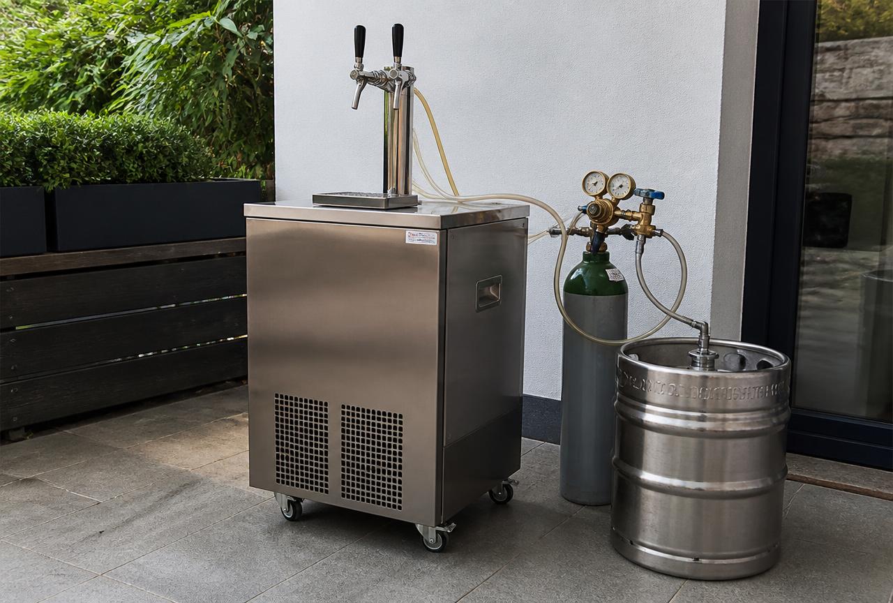 Zapfanlage mieten Düren: Durchlaufkühler mit zwei Zapfhähnen, CO2-Flasche und Fass